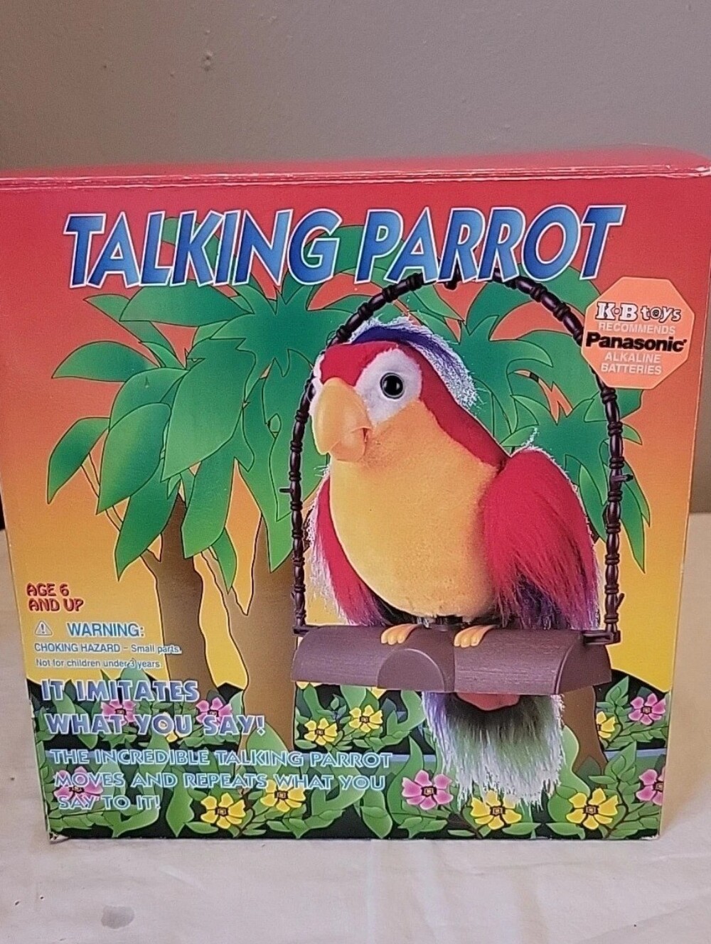 Repeat Parrot Vintage 1991 Talking Macaw Plush On Perch Gemmy Industries w box